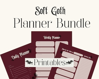 May include: A printable planner bundle with a gothic theme. The bundle includes a daily planner, a weekly planner, and a grocery list. The pages are burgundy with black bats and floral accents. The text "Printables" is in white.