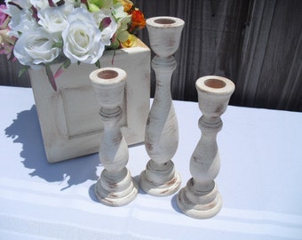 Set of 3 Distressed Wood Candle Stick Holders for Rustic Shabby Chic Wedding - You Pick Color - Item 1229