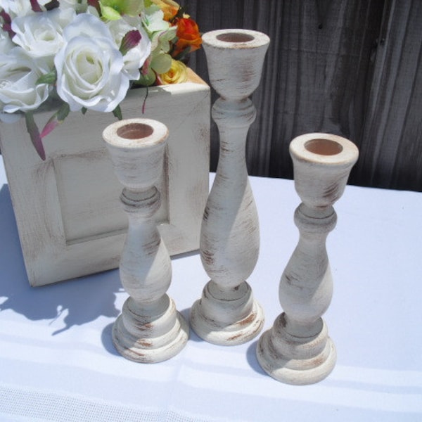 Set of 3 Distressed Wood Candle Stick Holders for Rustic Shabby Chic Wedding - You Pick Color - Item 1229