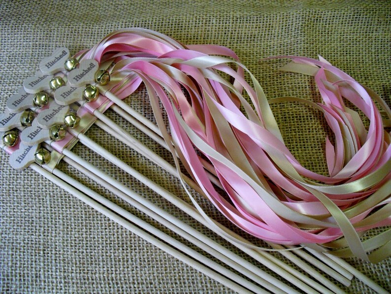 Wedding Wand Favors Hitched Country Heart Wedding Wands for Bride and Groom Send Off SET OF 10 2 Ribbons 36 Each Item 1413 image 2