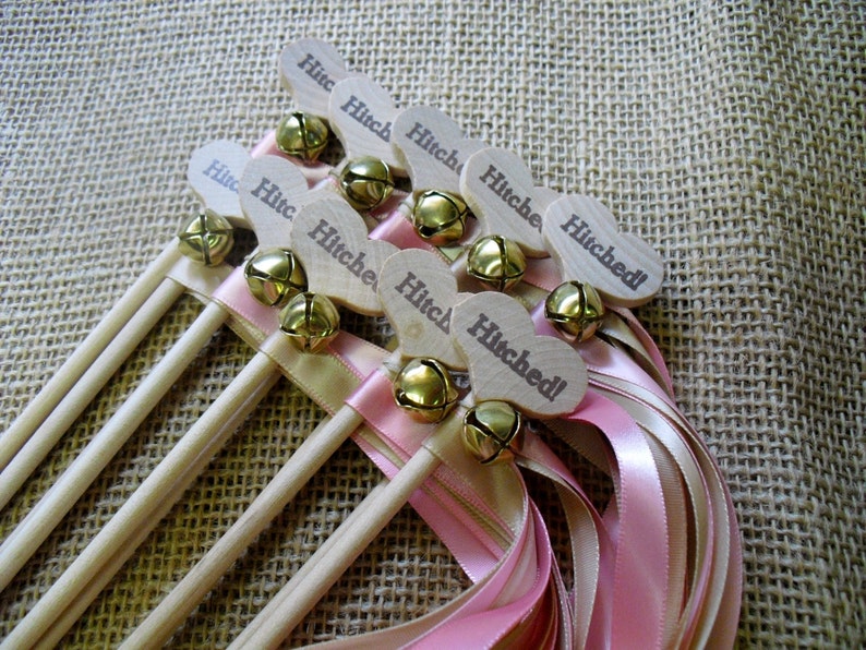 Wedding Wand Favors Hitched Country Heart Wedding Wands for Bride and Groom Send Off SET OF 10 2 Ribbons 36 Each Item 1413 image 1