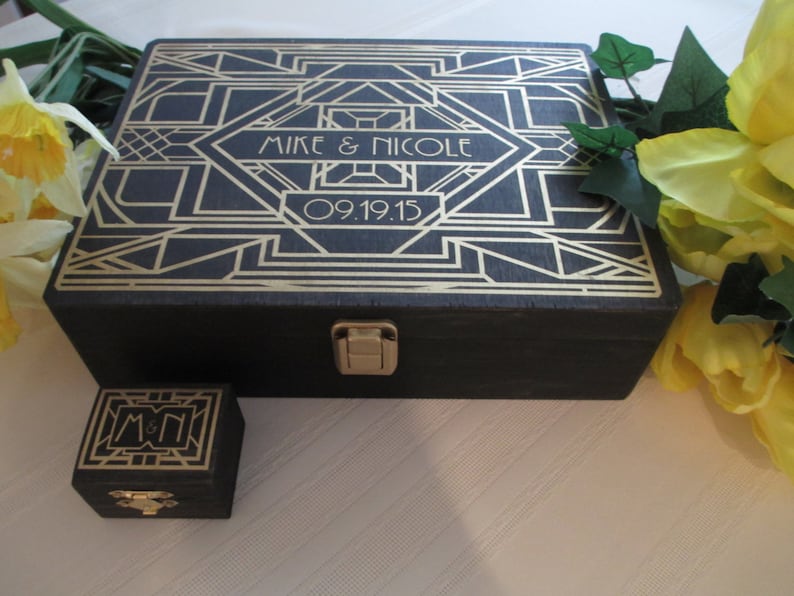 Wedding Guest Book and Ring Box Alternatives Engraved Art Deco Gatsby Style Roaring Twenties Personalized Set for 100 guests Item 1683