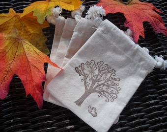 Favor Bags - SET OF 10 Fall Tree with Hearts Muslin Favor Bags Gift Bags or Candy Bags - Item 1130