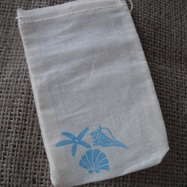 Favor Bags - SET OF 10 3x5 Starfish and Seashell Beach Muslin Favor Bags Gift Bags or Candy Bags - Item 1065