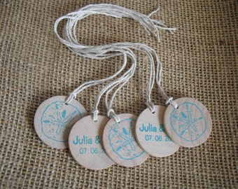 Beach Sanddollar Wedding Favor Tags Personalized Wood Circles - Set of 10 - Item 1547