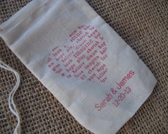 Personalized Newsprint Heart Wedding Shower Muslin Favor Bags 3x5 - Set of 10 - Item 3M1181