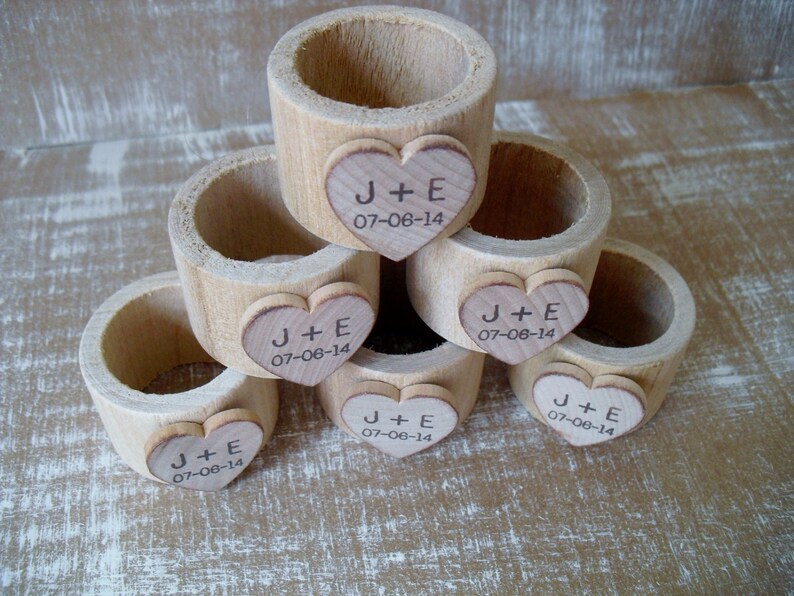 Wood Napkin Rings with Personalized Heart for Wedding Set of 10 Item 1575 image 2