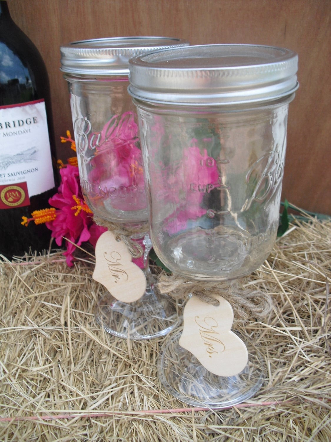 2 Mason Jar Wine Glasses, Mr and Mrs Redneck Wine Glass Set