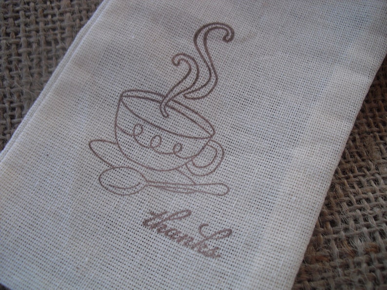 Item 1216 Favor Bags SET OF 10 Tea Cup Thank You Muslin Favor Bags Gift Bags or Candy Bags