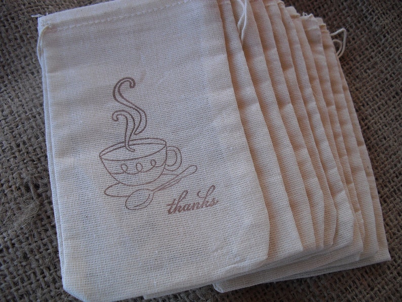 Item 1216 Favor Bags SET OF 10 Tea Cup Thank You Muslin Favor Bags Gift Bags or Candy Bags