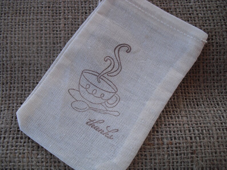 Item 1216 Favor Bags SET OF 10 Tea Cup Thank You Muslin Favor Bags Gift Bags or Candy Bags