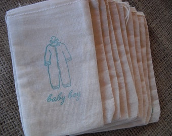 SET OF 10 Baby Boy Baby Shower Muslin Favor Bags Gift Bags or Candy Bags - Item 1119