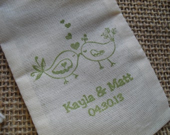 Personalized Love Bird Wedding Muslin Favor Bags Gift Bags or Candy Bags 3x5 - Set of 10 - Item 3M1521