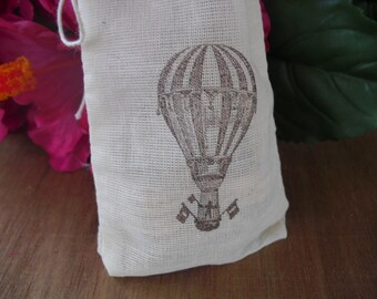 Favor Bags - SET OF 10 3x5 Vintage Hot Air Balloon Muslin Favor Bags Gift Bags or Candy Bags - Item 1412