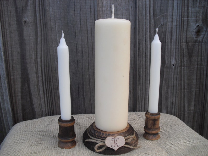 Wood Unity Candle Set Rustic Monogram Wedding Candle Item 1021 image 1