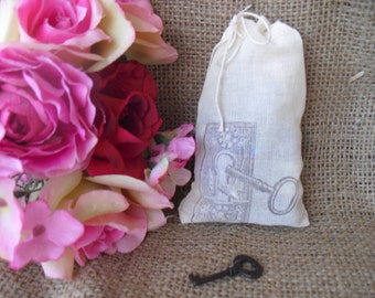 Favor Bags - SET OF 10 Vintage Key 4x6 Muslin Favor Bags Gift Bags or Candy Bags - Item 1338