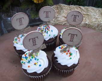 Cupcake Toppers - SET OF 12 Rustic Monogram Cupcake Toppers - Item 1161