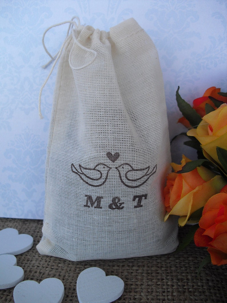 SET OF 10 Love Birds Personalized 4x6 Muslin Favor Bags Gift Bags or Candy Bags Favor Bags Item 1343