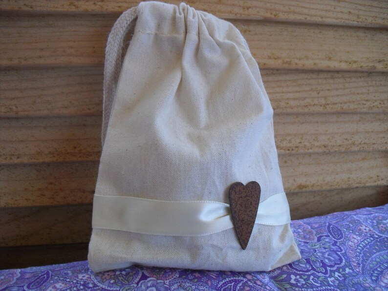 Favor Bags SET OF 10 Rusty Tin Heart Muslin Wedding Favor Bag Candy Buffet Bag or Gift Bag Item 1421 image 1