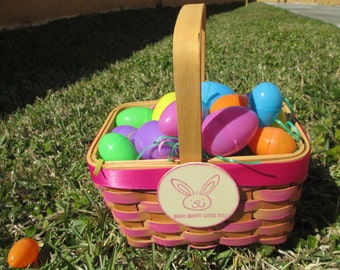 Rustic Distressed Wooden Easter Basket with Hand Stamped Wooden Bunny "Some Bunny Loves You" Medallion and Ribbon - Item 1640