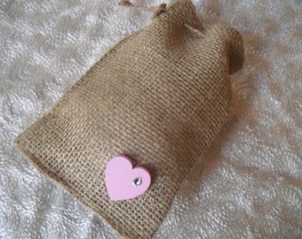 Favor Bags - SET OF 10 Heart with Crystal Burlap Wedding Favor Bag Candy Buffet Bag or Gift Bag - Item 1419