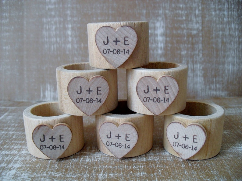 Wood Napkin Rings with Personalized Heart for Wedding Set of 10 Item 1575 image 1