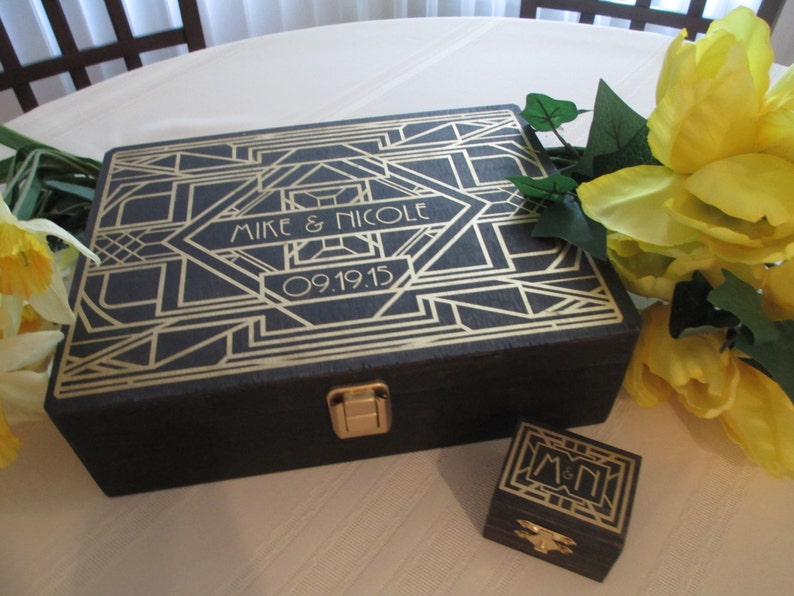 Wedding Guest Book and Ring Box Alternatives Engraved Art Deco Gatsby Style Roaring Twenties Personalized Set for 100 guests Item 1683
