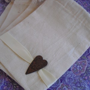 Favor Bags SET OF 10 Rusty Tin Heart Muslin Wedding Favor Bag Candy Buffet Bag or Gift Bag Item 1421 image 2