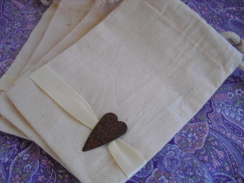 Favor Bags SET OF 10 Rusty Tin Heart Muslin Wedding Favor Bag Candy Buffet Bag or Gift Bag Item 1421 image 2