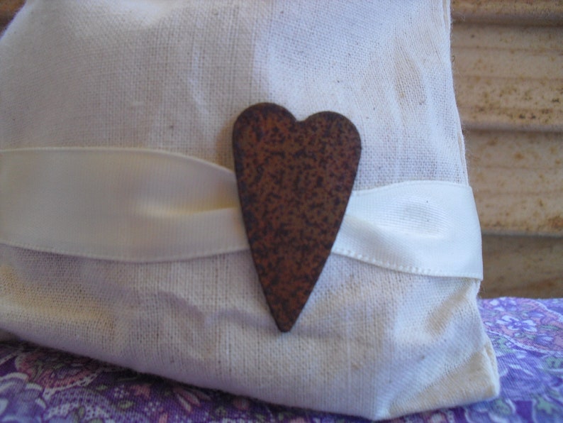 Favor Bags SET OF 10 Rusty Tin Heart Muslin Wedding Favor Bag Candy Buffet Bag or Gift Bag Item 1421 image 4