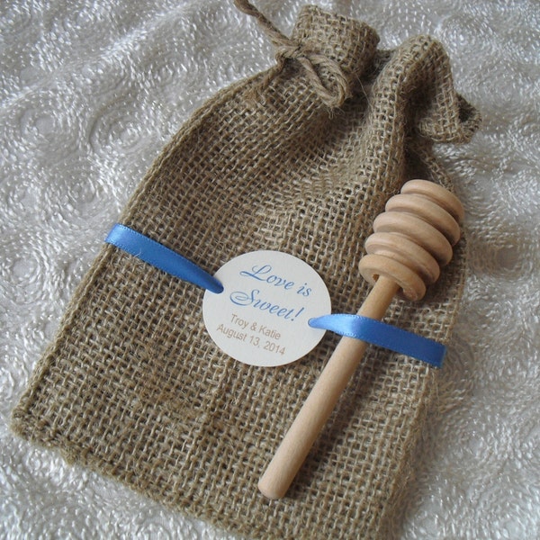 SET OF 10 Love is Sweet Personalized Burlap Wedding Favor Bags with Honey Dipper - Item 4B1137