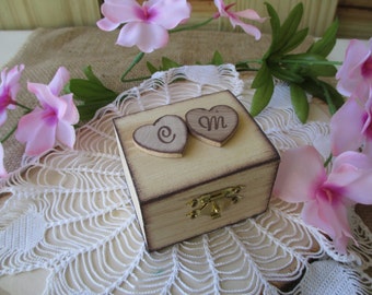 Rustic Personalized Wedding Ring Box with Hearts  - Unique Personalized Ring Bearer Pillow Alternative - Item 1646