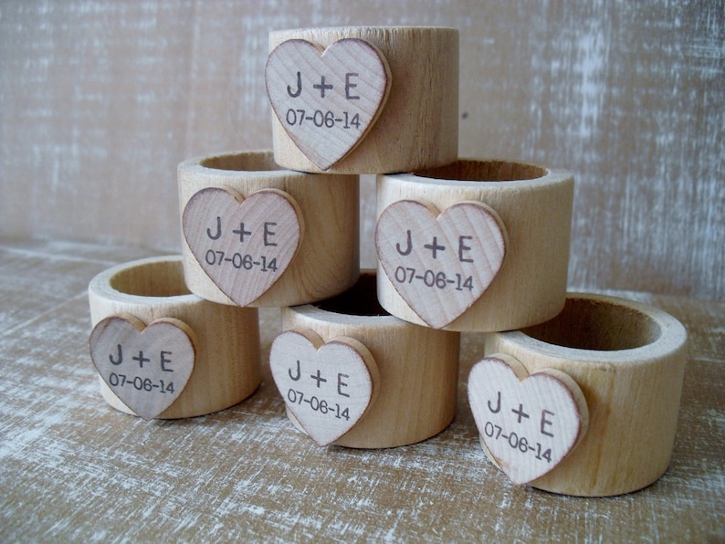 Wood Napkin Rings with Personalized Heart for Wedding Set of 10 Item 1575 image 3