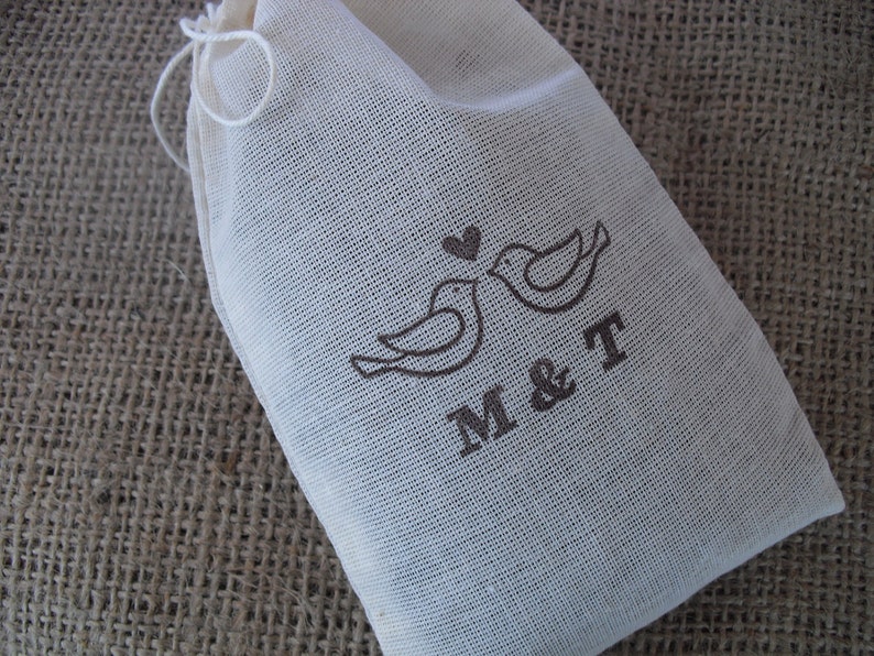 SET OF 10 Love Birds Personalized 4x6 Muslin Favor Bags Gift Bags or Candy Bags Favor Bags Item 1343