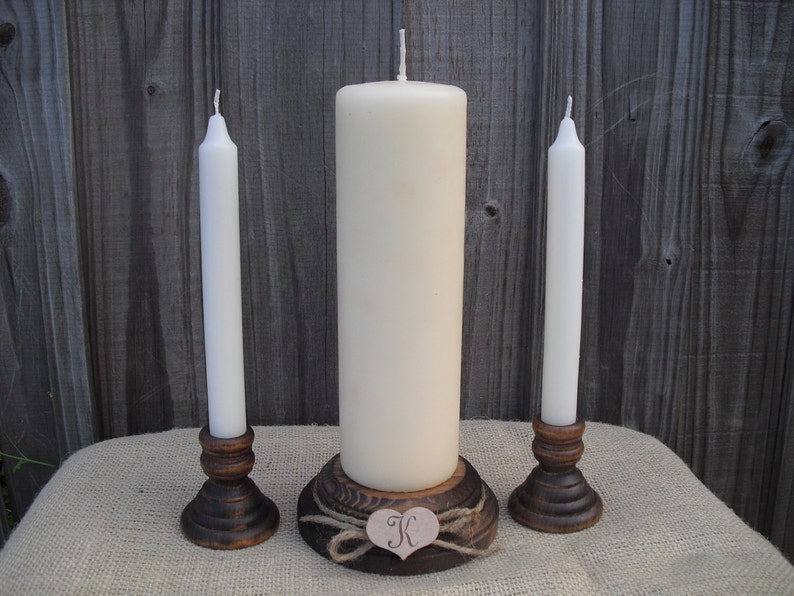 Wood Unity Candle Holder Set Rustic with Monogram Item 1008 image 1