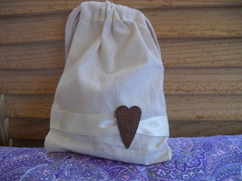 Favor Bags SET OF 10 Rusty Tin Heart Muslin Wedding Favor Bag Candy Buffet Bag or Gift Bag Item 1421 image 3