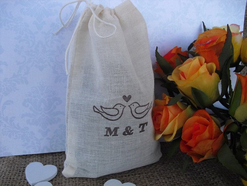 SET OF 10 Love Birds Personalized 4x6 Muslin Favor Bags Gift Bags or Candy Bags Favor Bags Item 1343