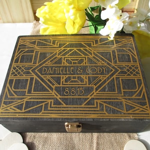 Wedding Guest Book Alternative Engraved Art Deco Gatsby Style Roaring Twenties Wood Box Personalized Set for 125 guests - Item 1655