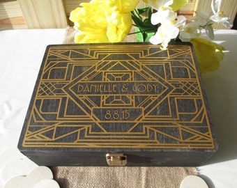 Wedding Guest Book Alternative Engraved Art Deco Gatsby Style Roaring Twenties Wood Box Personalized Set for 150 guests - Item 1656