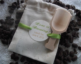 Wedding Favor Bags Personalized Coffee Theme  With  Wood Coffee Scoop Used For Coffee And Dessert Bar . Set Of 10- Item 1012