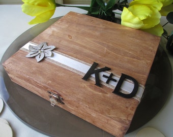 GUEST BOOK ALTERNATIVE Personalized Rustic Wedding Wood Box with Ribbon, Flower and Initials Set for 75 guests - Item 1671