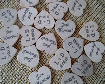 Personalized Just Married Wood Hearts Confetti Tags Charms - Item 1528