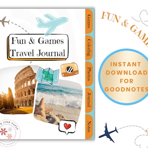 Könnte beinhalten: Ein digitales Reisetagebuch für die Goodnotes-App. Das Cover zeigt ein blaues und weißes Flugzeug, eine Karte, eine Kamera, ein Herz und ein Foto des Kolosseums in Rom. Der Text auf dem Cover lautet "Fun & Games Travel Journal".