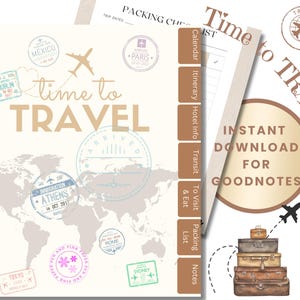 May include: A brown and gold travel journal with the text "Time to Travel Journal" and a world map with stamps. The journal has a spiral binding and includes a checklist for packing, notes, and other travel planning.