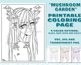 PRINTABLE COLORING PAGE - Mushroom Garden