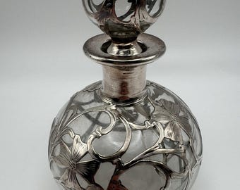 Antique 6” Tall Alvin Fine Sterling Silver Overlay Art Nouveau Perfume Bottle #3167