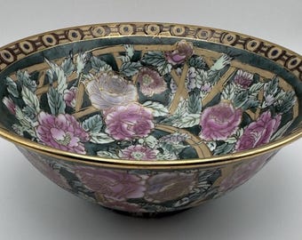 Vintage Rose Chinoserie 8” Bowl China Green Pink Gold Gilt Andrea By Sadek