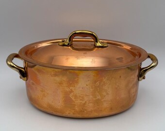 vintage Villedieu France Cuivre Oval Casserole Pot Couvercle Laiton Poignées 8 »