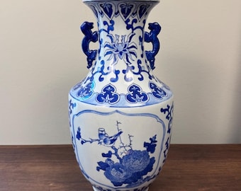 Vintage 14” Chinese Blue and White Porcelain Vase Dragon Handles Birds & Peonies