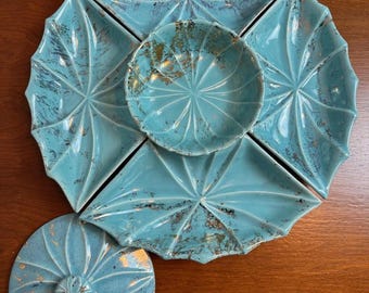 Large 18” Vintage USA Mid-Century Atomic Turquoise & Gold Ceramic Serving Set